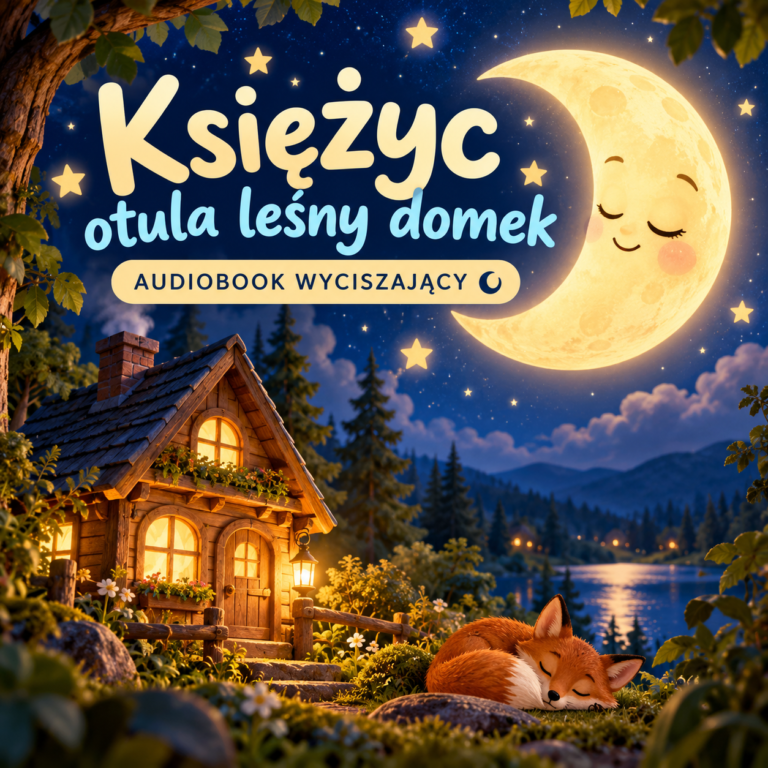 Okładka audiobooka wyciszającego „Księżyc otula leśny domek” dla dzieci – Kwiecień Academy